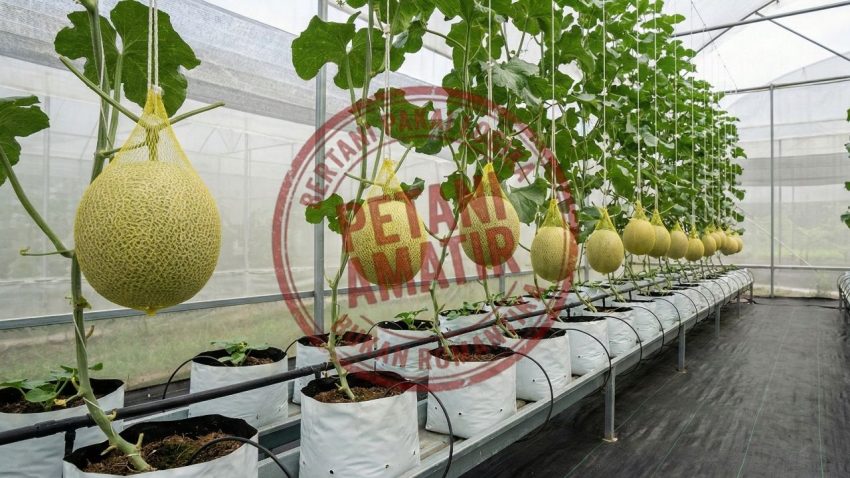 melon hidroponik di dalam greenhouse