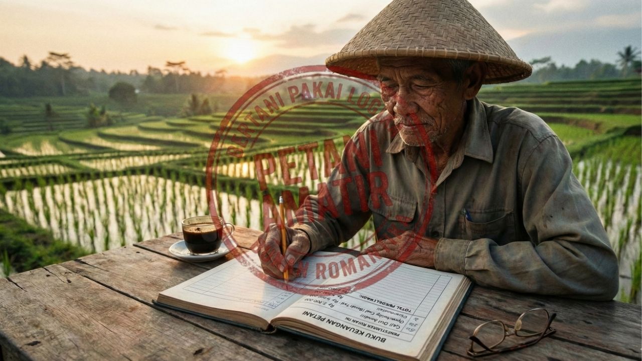 Petani sedang mencatat pengeluaran gaji diri sendiri dan opportunity cost di buku keuangan