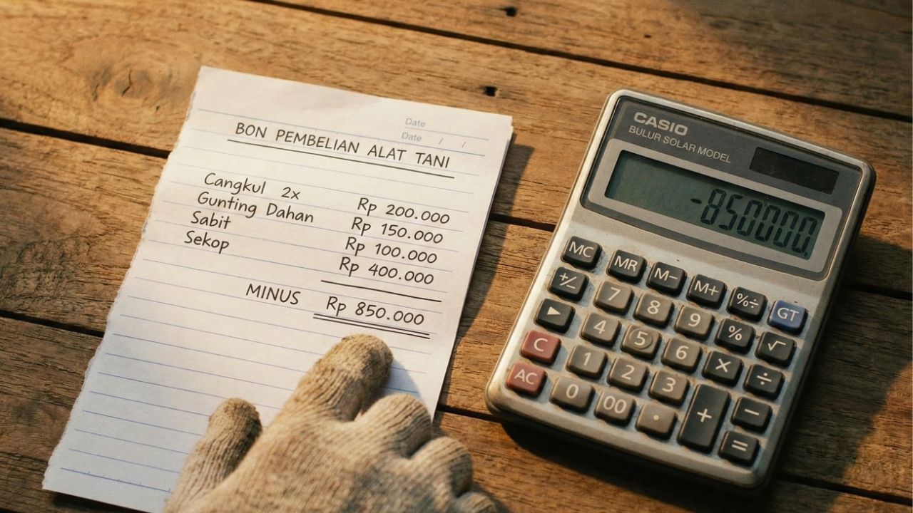 Ilustrasi petani memegang uang hasil panen menghitung keuntungan dan kerugian