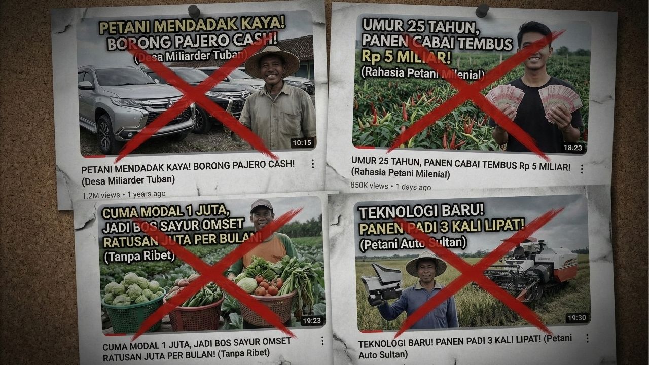 Screenshot video viral petani milenial sukses yang diberi tanda silang merah