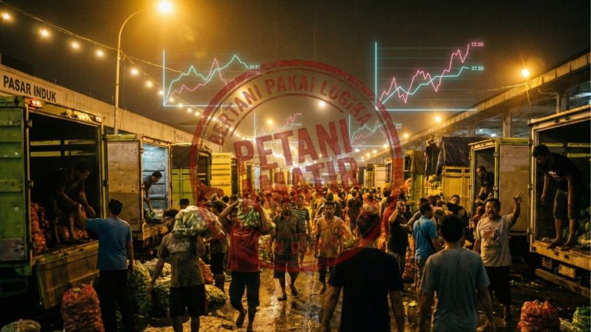 Close-up shot seorang Bandar (pria paruh baya, wajah lelah dan berkeringat, merokok) sedang beradu argumen tawar-menawar dengan kerumunan pedagang eceran di depan tumpukan gunungan cabai merah